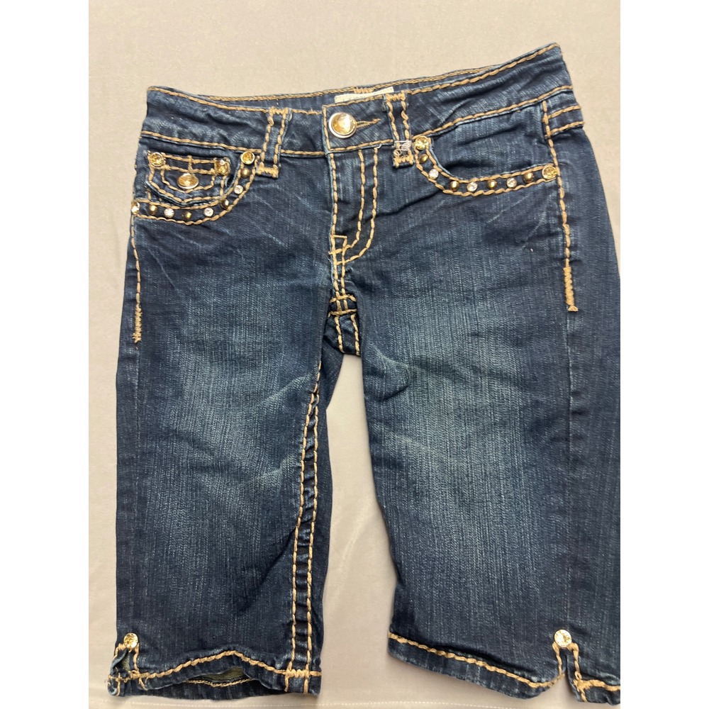 LA Idol USA Women Dark Wash Rhinestone Embellished Bermuda Denim Shorts Size 1